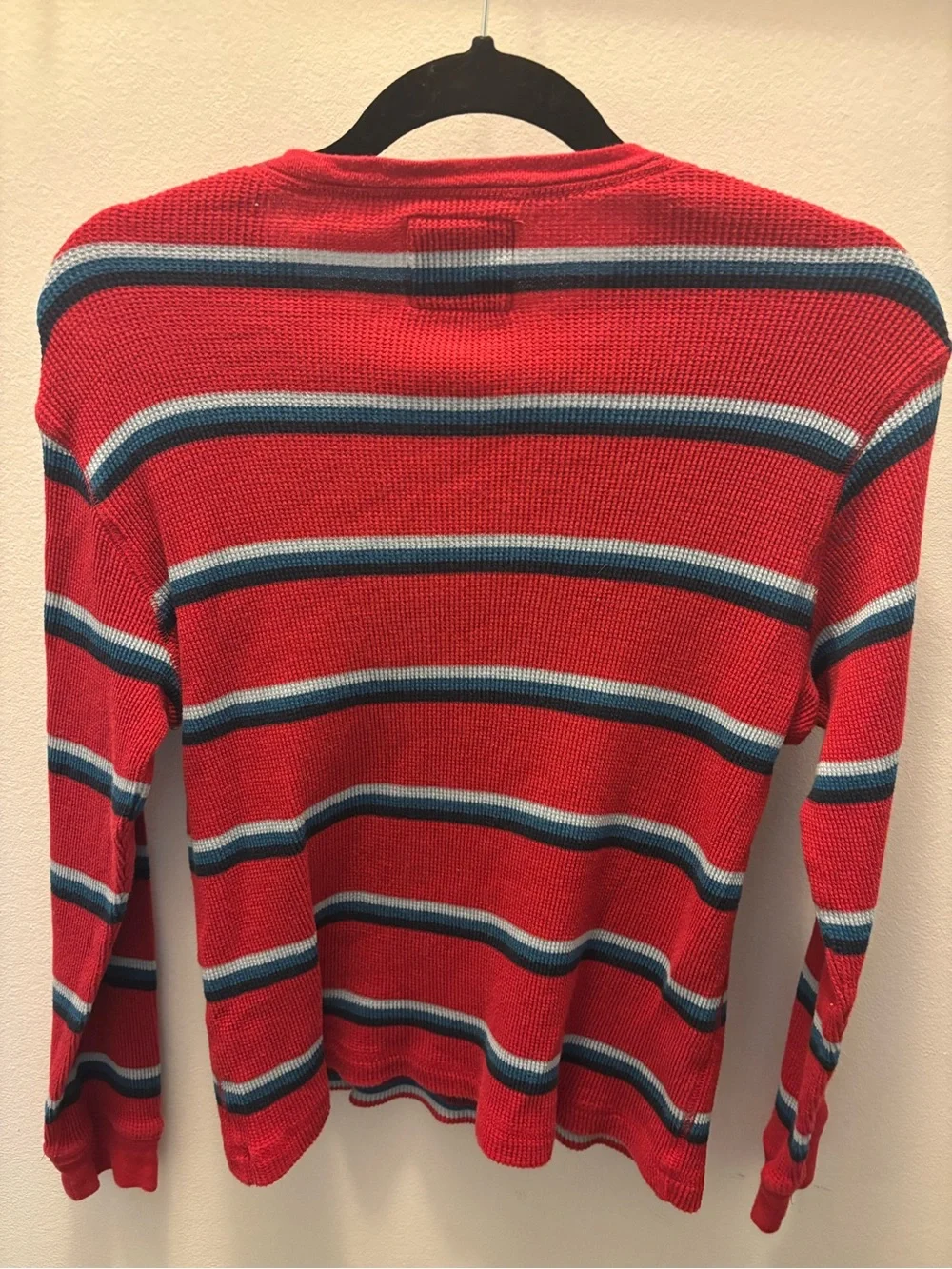 Old Navy Red Crewneck Sweater with Blue and Light Blue Stripes